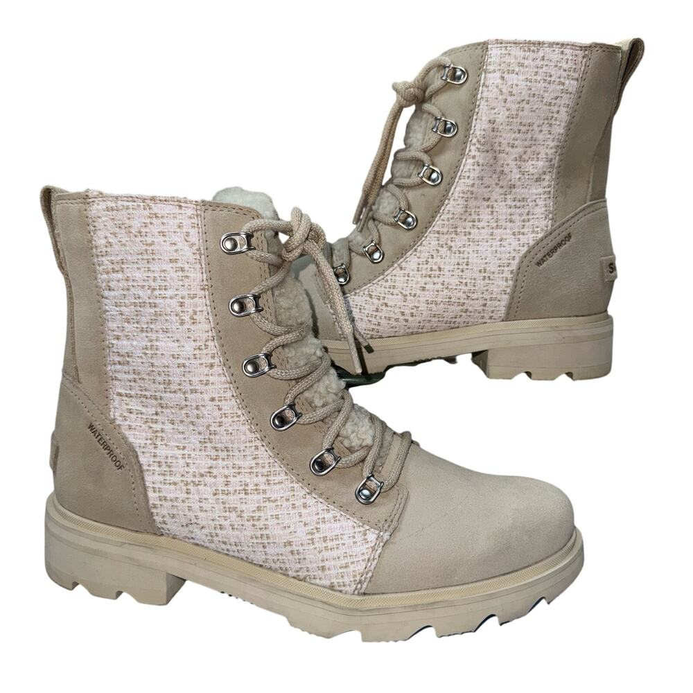 SOREL Lennox Cozy Moto Boots Sz 10.5 Shearling Lined Beige Suede Tweed Combat - Picture 3 of 9